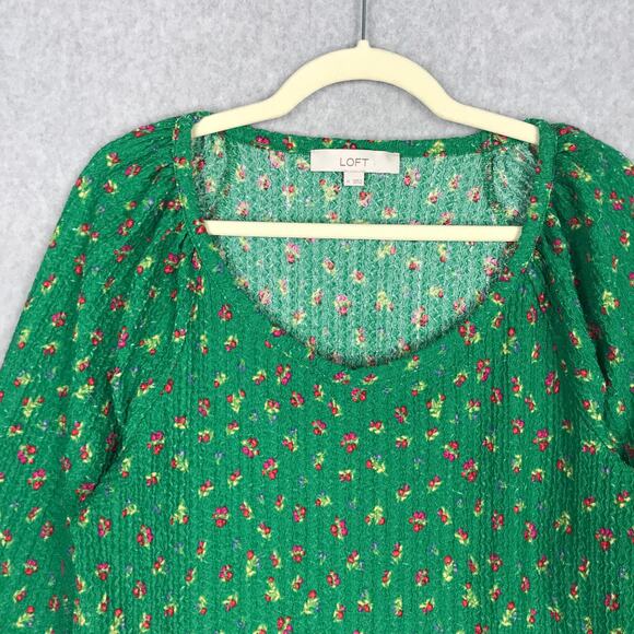 Loft Top Women Medium Green Ditsy Floral Waffle Shirt Basic Cottage Grandma Knit - Picture 2 of 9